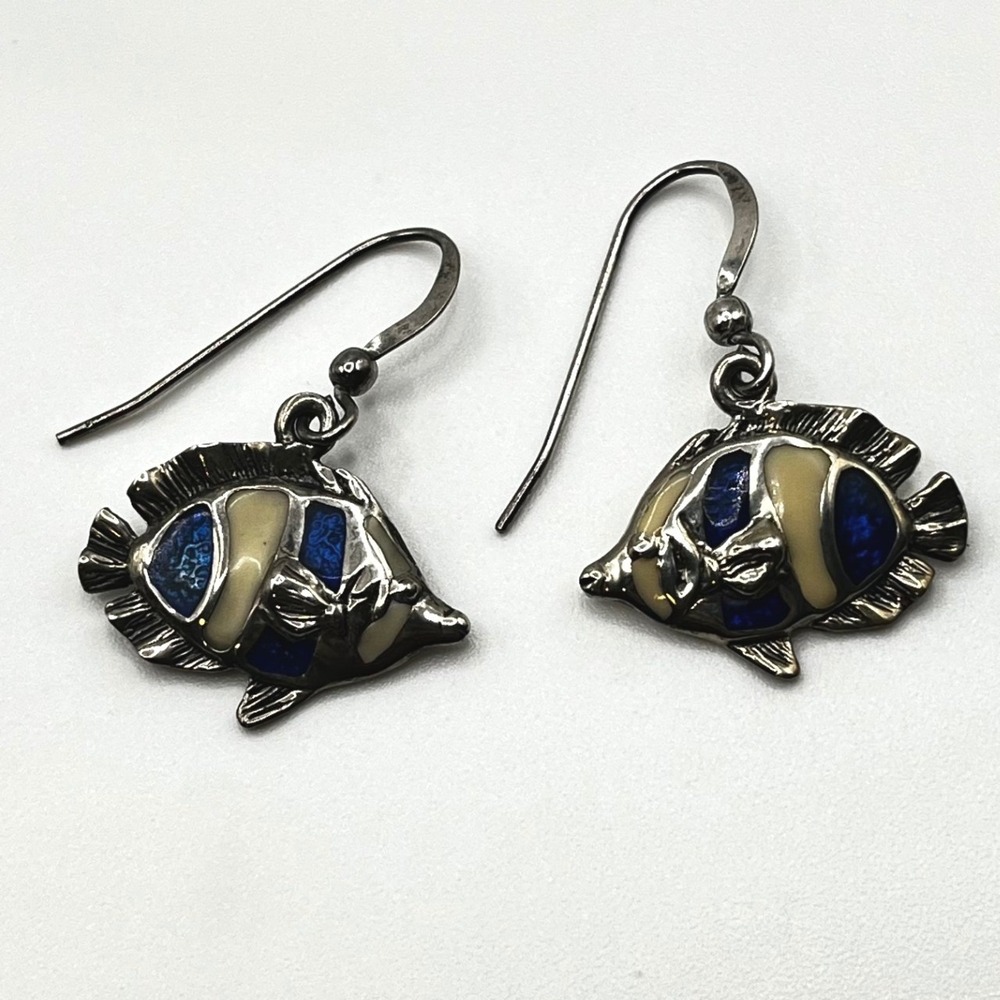 Kabana Sterling Silver Tropical Angelfish Blue Inlay Drop Earrings French Wire